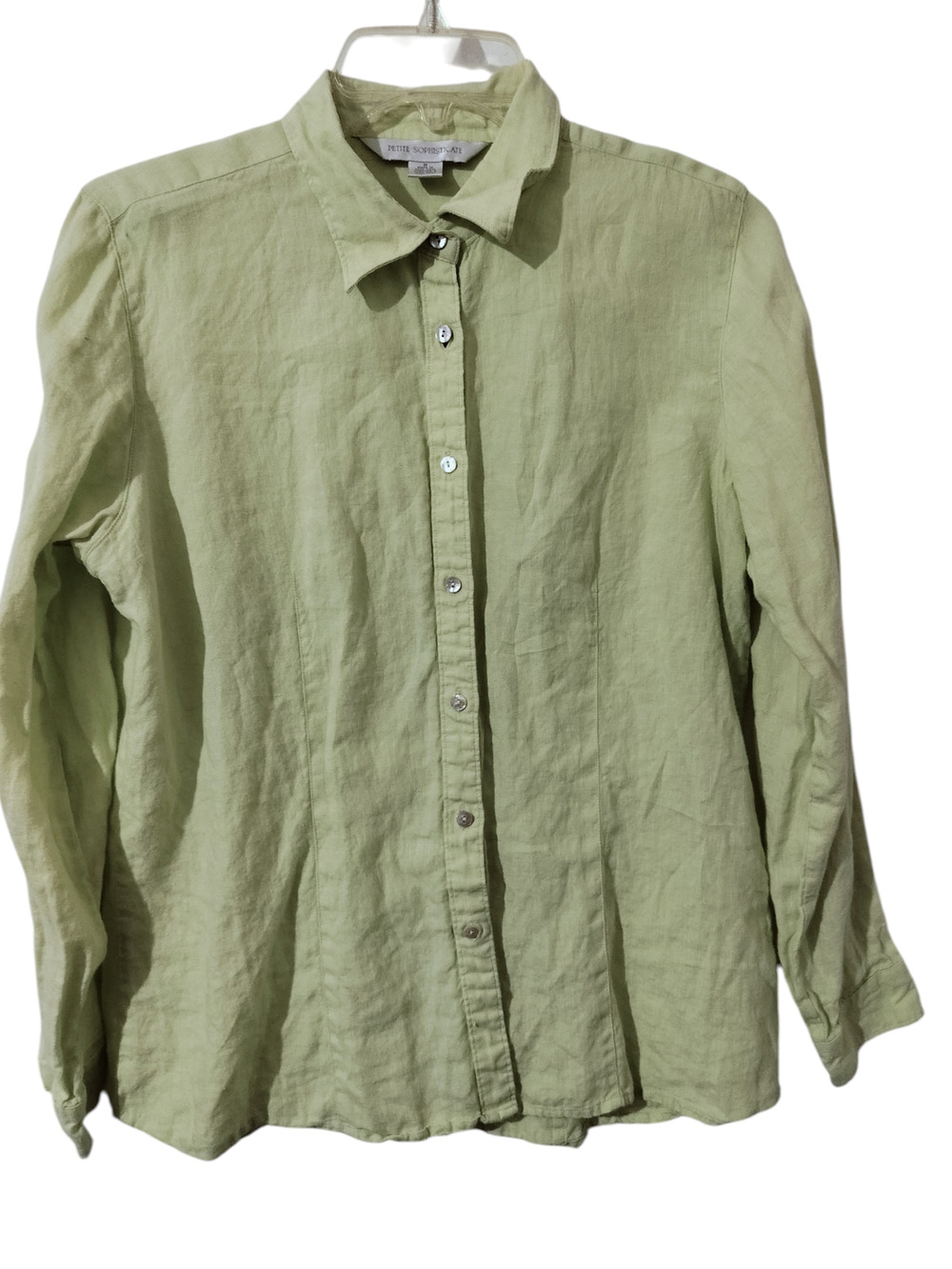 5859) Petite Sophisticate Linen Light Green button Front Casual Shirt Medium